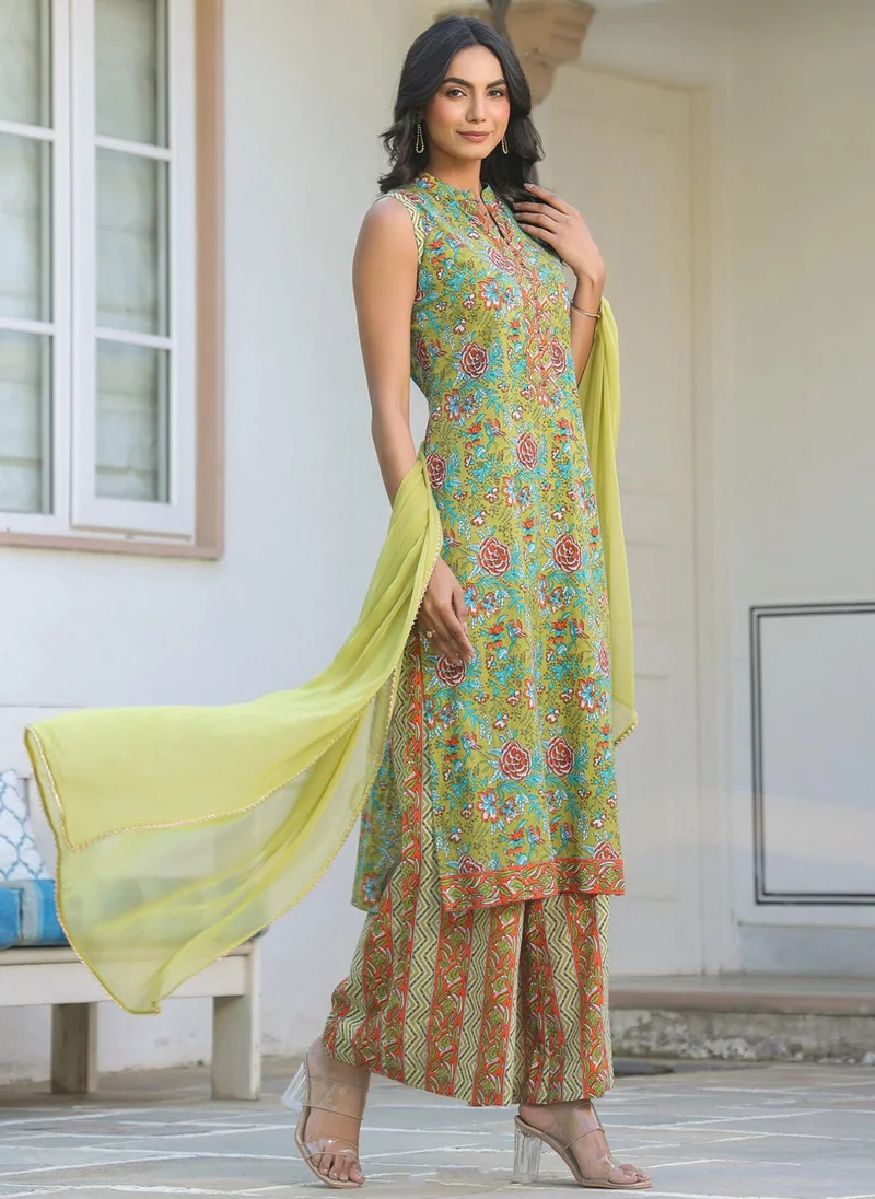 ZERESOUQ Light Green Cotton Straight 3-Piece Kurta Set